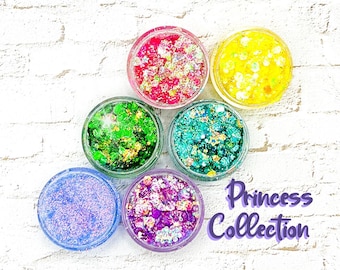 Gel con purpurina Princess Collection: set de brillo para rostro y cuerpo, brillo facial, brillo corporal, brillo facial, brillo para carreras, baile, porristas, brillo para el cabello