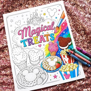 May include: A coloring book titled Magical Treats by Amanda Miklos featuring line art of a castle, ice cream, waffles, and popcorn. The page includes a paintbrush adding vibrant rainbow colors to the illustrations, with four crayons resting nearby.