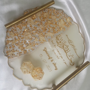 Handmade Personalized Wedding Resin Tray W/ Rose Petals & Holders, Islamic Wedding Ring Tray, Wedding Gift, Nikkah Tray, Ring Dish