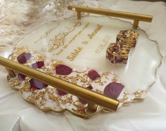 Handmade Personalized Wedding Resin Tray W/ Rose Petals & Holders, Islamic Wedding Ring Tray, Wedding Gift, Nikkah Tray, Ring Dish