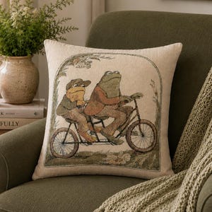 Frog and Toad Woven Pillow Cottagecore Bookish Decor Whimsical Vintage Throw Pillow Nostalgic Gift for Readers Classic Book Lover's Gift image 1