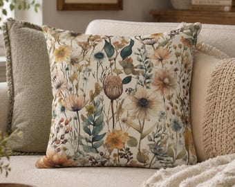 Botanical Throw Pillow Cover, Cottagecore Floral Pillow, Wildflower Accent Pillow, Vintage Botanical Decor, Nature Home Decor Gift