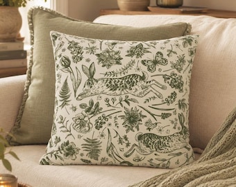Vintage Rabbit Throw Pillow Cover | Cottagecore Bunny Pillow | Green Toile Botanical Cushion | Faux Suede | Spring Easter Home Decor