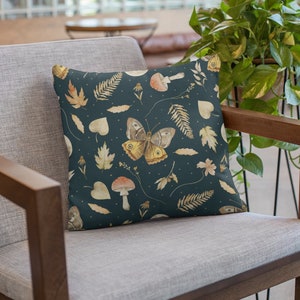 Cottagecore Pillow Cover | Faux Suede | Enchanted Forest | Mushroom Pillow | Moth | Leaves | Floral Throw Pillow | Witchy Pillow | Boho