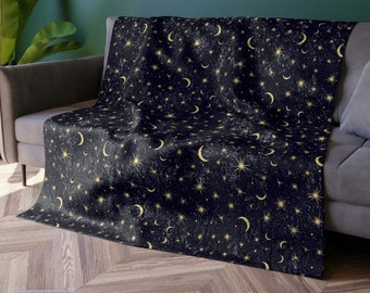 Moon & Stars Crushed Velvet Blanket | Celestial Blanket | Whimsigoth | Boho | Blue Velvet | Star Blanket | Boho Decor | Witchy Blanket Gift