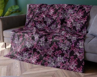 Floral Crushed Velvet Blanket | Lilac | Embroidery Art | Botanical Blanket | Purple Velvet | Floral Throw Blanket | Cottagecore Home Decor