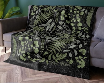 Black Botanical Crushed Velvet Blanket | Vintage | Fern | Eucalyptus | Floral | Cottagecore | Plant Lover Gift | Soft Boho Bohemian Blanket