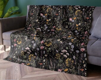 Dark Floral Crushed Velvet Blanket | Cottagecore Blanket | Floral Velvet Decor | Floral Throw Blanket | Dark Floral Decor | Whimsical Throw