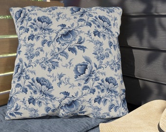 French Toile Outdoor Pillow | Blue Floral Patio Pillow | Victorian Pillow | Country Farmhouse Outdoor Pillow | Waterproof Outdoor Cushion