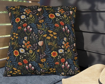Wildflower Outdoor Pillow | Patio Pillow | Faux Embroidery | Botanical Pillow | Boho Cottagecore Outdoor Pillow | Waterproof Outdoor Cushion
