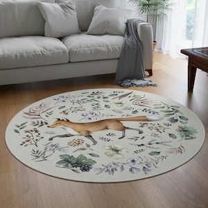 Whimsical Fox Area Rug | 60" x 60" | Fox Rug | Cottagecore Rug | Boho Rug | Bohemian Rug | Floral Rug | Whimsigoth | Botanical Rug | Forest