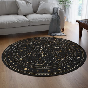 Celestial Area Rug | 60" x 60" Round Area Rug | Constellations | Astronomy Rug | Astrology Rug | Boho Rug | Vintage Rug | Geometric Star Rug