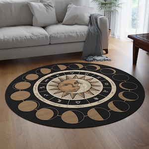 Astrology Wheel Area Rug | Moon Phases | Zodiac | Horoscope Signs | Witchy | Esoteric | Sun and Moon | Boho Decor | 60" x 60" Round Area Rug