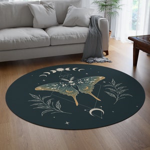 Dark Boho Area Rug | Moth | Butterfly | Cottagecore Rug | Celestial Rug | Moon Phase Rug | Forest Green Area Rug | Botanical Rug | Witch Rug