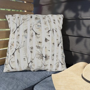 Rustic Outdoor Pillow | Patio Pillow | Birch Trees | Farmhouse Country Pillow | Woodsy Outdoor Pillow | Gray Waterproof Outdoor Cushion
