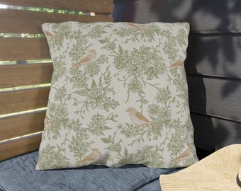 Green Toile Outdoor Pillow, Chinoiserie Garden Cushion, Botanical Bird Waterproof Pillow, UV-Resistant Floral Porch Decor