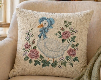 Vintage Blue Ribbon Goose Cross Stitch Woven Pillow, Shabby Chic Cottagecore Farmhouse Decor, Nostalgic Floral Embroidery Cushion