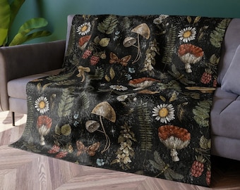 Cottagecore Crushed Velvet Blanket | Enchanted Forest | Botanical Throw Blanket | Witchy | Whimsical Blanket | Mushroom Throw Blanket Gift