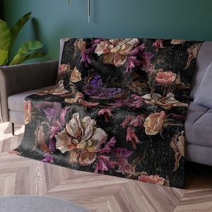 Victorian Crushed Velvet Blanket | Embroidery Art | Dark Floral Blanket | Gothic Throw Blanket | Butterfly | Black Velvet | Whimsical Throw