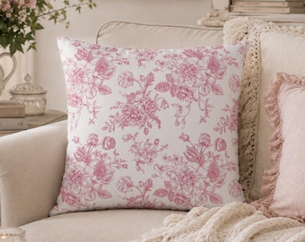 Pink Floral Toile Throw Pillow Cover, Shabby Chic Cottagecore Decor, French Country Pillow, Victorian Vintage Accent, Romantic Home Decor