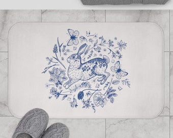 Vintage Rabbit Bath Mat | Blue Toile | Cottagecore Bath Mat | Botanical | Forest | Spring | Floral Bath Mat | Boho | Easter Bathroom Decor