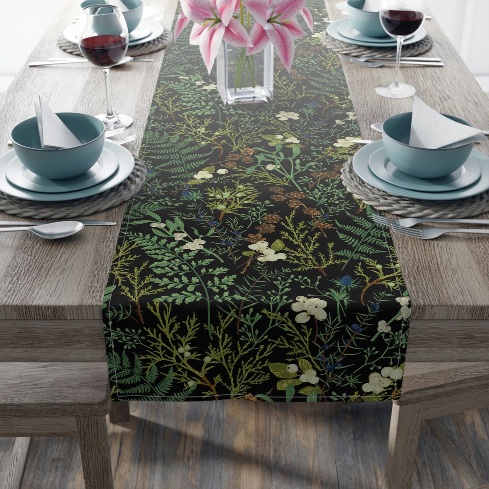 Winter Forest Table Runner | Cottagecore Table Runner | Botanical | Woodland | Rustic | Boho Table Runner | Farmhouse | Mistletoe | Pine - 16" × 72"