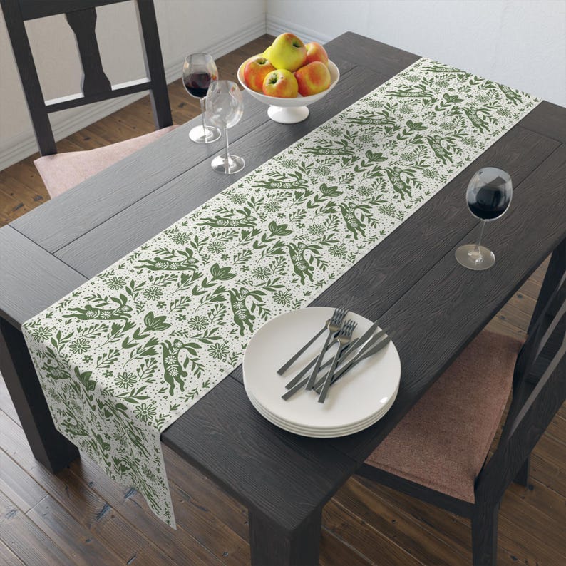 Vintage Rabbit Table Runner | Scandinavian Table Runner | Spring Table Runner | Botanical Print | Easter Table Runner | Poly Cotton Linens 16" × 72"