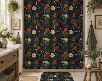Moody Botanical Shower Curtain & Bath Mat Set | Vintage Wildflower Bathroom Decor | Dark Floral Cottagecore Bath Accessories