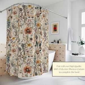 Botanical Shower Curtain & Bath Mat Wildflowers Cottagecore Shower Curtain Whimsical Decor Floral Shower Curtain Botanical Bath Decor
