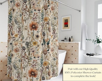 Botanical Shower Curtain & Bath Mat Wildflowers Cottagecore Shower Curtain Whimsical Decor Floral Shower Curtain Botanical Bath Decor