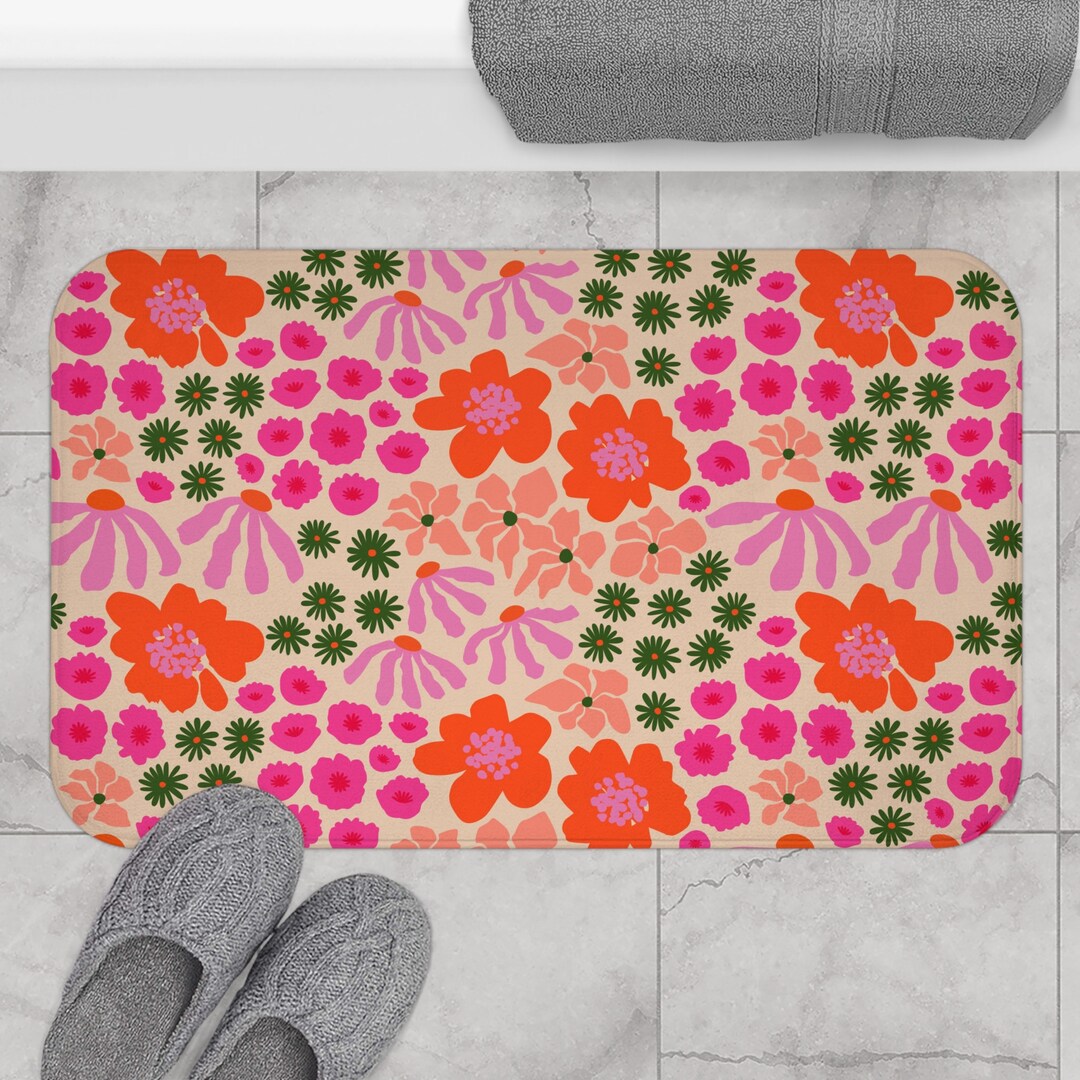 Wildflower Bath Mat | Retro Floral Bath Mat | Vintage Botanical Bath ...