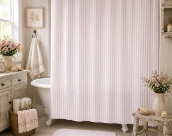 Pink Ticking Stripe Shower Curtain, Cottagecore Bathroom Decor, Vintage Farmhouse Bath Curtain, French Country Pink Bathroom