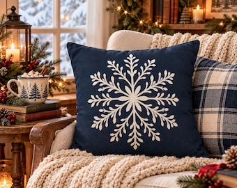 Navy Blue Snowflake Throw Pillow, Christmas Decorative Pillow with Insert, Winter Farmhouse Decor, Rustic Holiday Accent Cushion