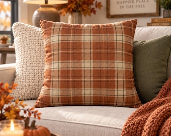 Rustic Fall Plaid Pillow Cover | Burnt Orange Throw Pillow | Farmhouse Autumn Decor | Tartan Plaid Pillow | Cozy Thanksgiving Home Decor