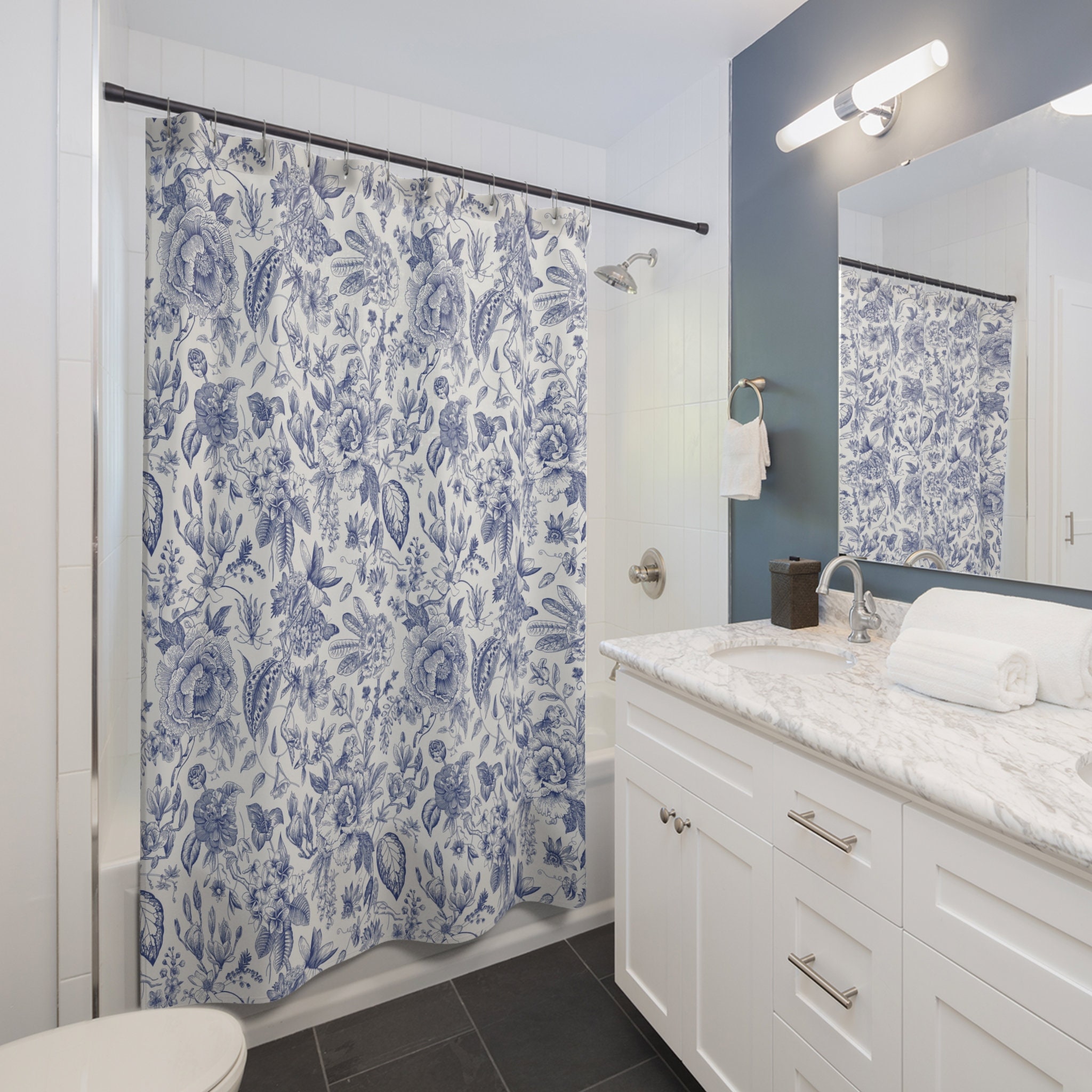 Blue Toile Shower Curtain | Victorian Shower Curtain | Chinoiserie