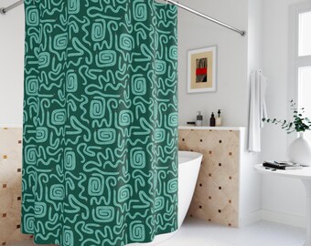 Boho Shower Curtain Jungalow Green Snake Print Modern Retro Style Bathroom Decor Summer Bath Curtain Bohemian Cottagecore Swirl Design