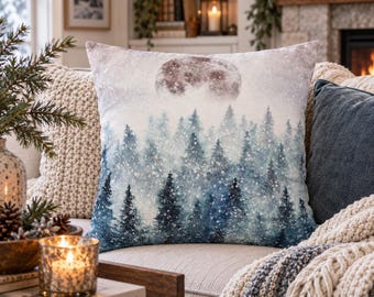 Winter Forest Pillow Cover | Snowy Pine Tree Throw Pillow | Blue Woodland Christmas Decor | Rustic Farmhouse Faux Suede Cushion