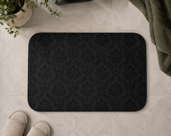 Alfombrilla de baño de damasco negro / Alfombrilla de baño gótica / Decoración de baño victoriana oscura / Decoración de baño floral oscura / Decoración de baño gótica / Alfombrilla de baño negra
