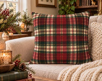 Christmas Plaid Pillow Cover, Red Green Tartan Throw Pillow, Rustic Farmhouse Christmas Decor, Holiday Faux Suede Cushion