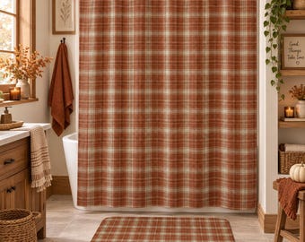 Fall Plaid Shower Curtain & Bath Mat Set | Rustic Farmhouse Bathroom Decor | Autumn Plaid Bath Set | Cozy Fall Bathroom Decor