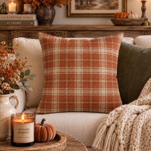 May include: A square throw pillow featuring a plaid pattern in shades of burnt orange, cream, and thin black lines. The fabric has a visible woven texture, and the pillow is positioned upright against a neutral-colored sofa cushion.