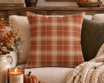 Rustic Plaid Throw Pillow, Faux Linen Texture, Fall Farmhouse Pillow, Burnt Orange Autumn Decor, Thanksgiving Cushion, Cozy Cottage Home