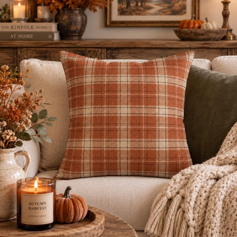 May include: A square throw pillow featuring a plaid pattern in shades of burnt orange, cream, and thin black lines. The fabric has a visible woven texture, and the pillow is positioned upright against a neutral-colored sofa cushion.
