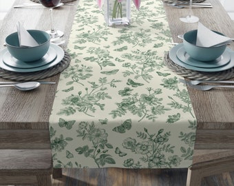 Green Toile Table Runner | Chinoiserie Table Runner | Cottagecore Table Runner | Victorian Decor | Spring Table Runner | Summer Table Runner