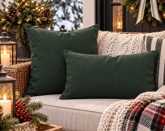 Forest Green Outdoor Pillow | Evergreen Patio Throw Pillow | Rustic Farmhouse Porch Decor | Boho Outdoor Cushion | Christmas Winter Pillow