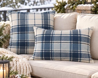 Blue Plaid Outdoor Throw Pillow, Farmhouse Patio Cushion, Rustic Winter Porch Decor, Navy Blue Cream Plaid Pillow, Christmas Outdoor Accents