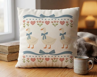 Vintage Blue Ribbon Goose Cross Stitch Pillow Cover, Shabby Chic Cottagecore Farmhouse Decor, Nostalgic Floral Faux Suede Embroidery Cushion