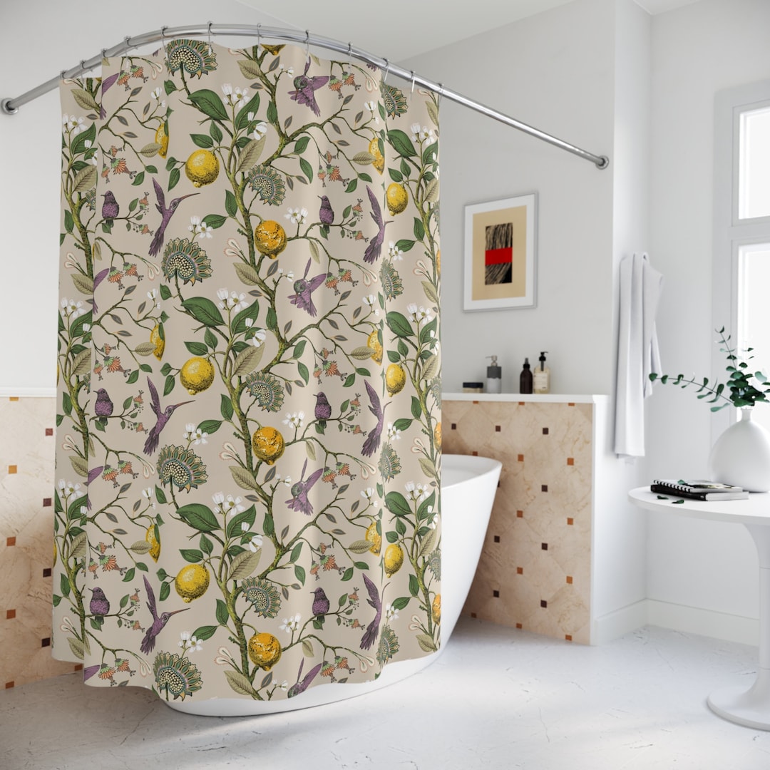 Hummingbird & Lemon Shower Curtain Chinoiserie Bath Decor Decorative