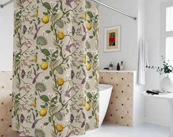 Hummingbird & Lemon Shower Curtain | Chinoiserie Bath Decor | Decorative | Floral | Bird Shower Curtain | Botanical Shower Curtain | Fruit