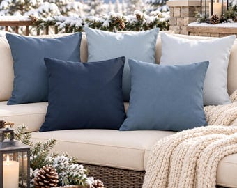 Winter Blue Outdoor Pillows, Mix and Match Patio Pillows, Navy Blue Throw Pillows, Winter Porch Decor, Outdoor Cushions